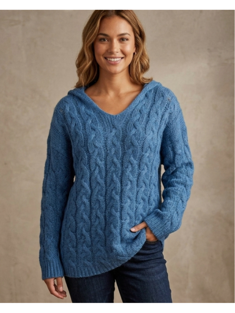 Blue Cable Knit Womans XL Hooded V Neck Sweater Cozy Chunky Pullover 1313